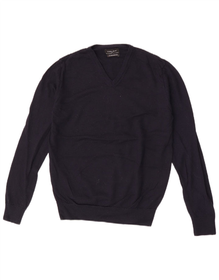 Zara Herren-Pullover mit V-Ausschnitt, mittlere marineblaue Wolle