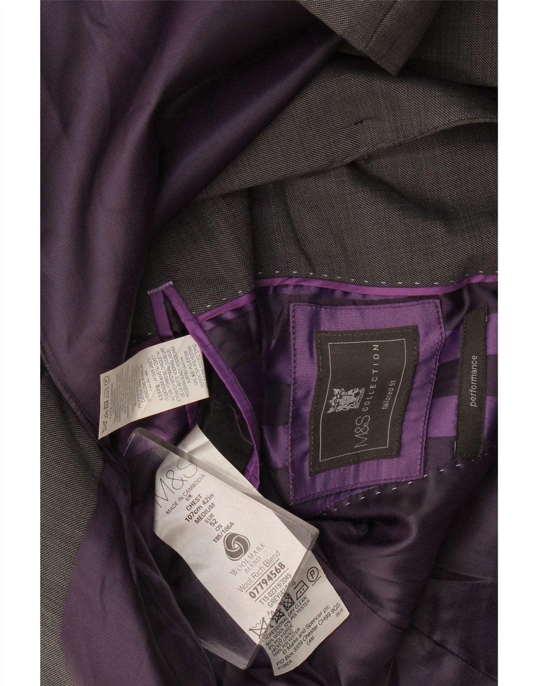 Marks & Spencer Herren-Blazer mit maßgeschneiderter Passform und 2 Knöpfen, Größe 52, XL, graue Wolle