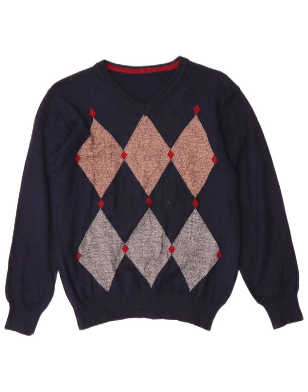 Vintage Damen V-Ausschnitt Pullover Pullover UK 14 Medium Navy Blue Argyle/Diamant