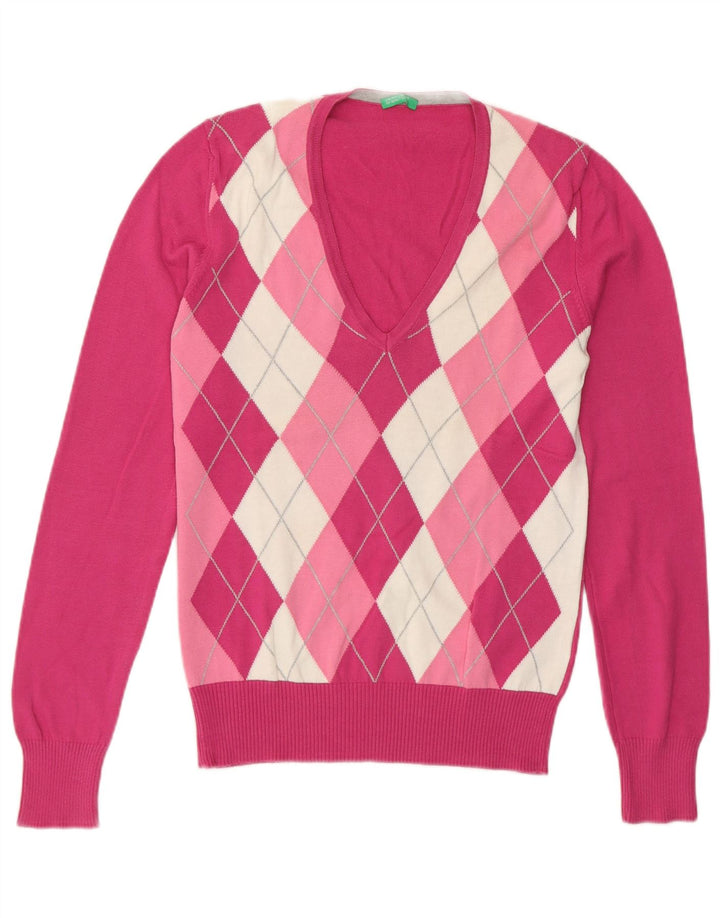 Benetton Damen-Pullover mit V-Ausschnitt, Gr. 12, mittelrosa Argyle/Diamant