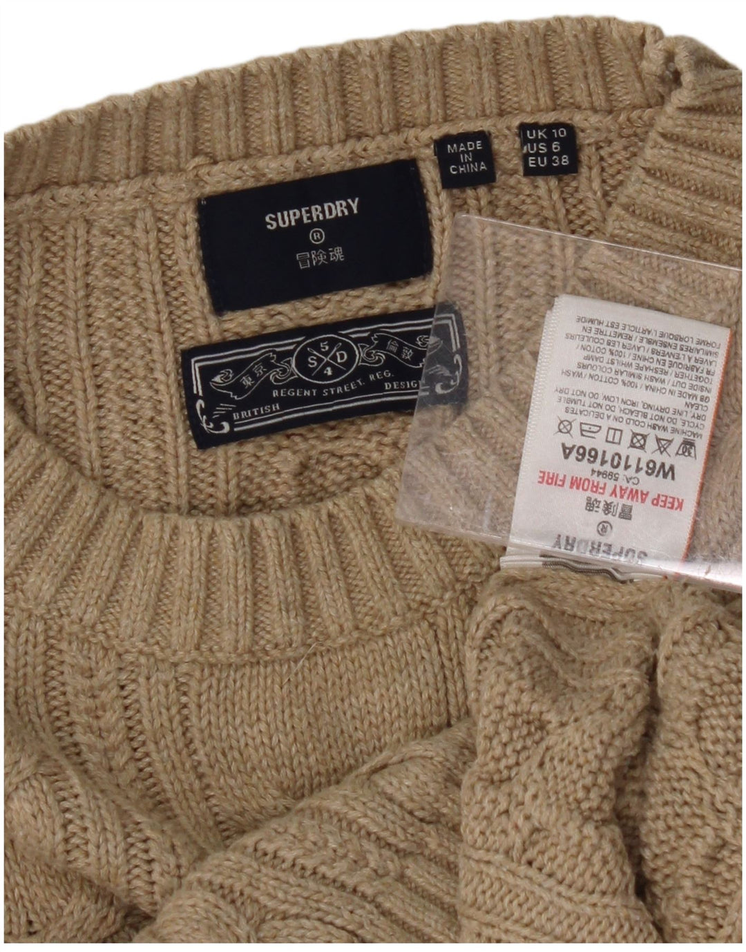 SUPERDRY Womens Crop Oversized Crew Neck Jumper Sweater UK 10 Small Beige