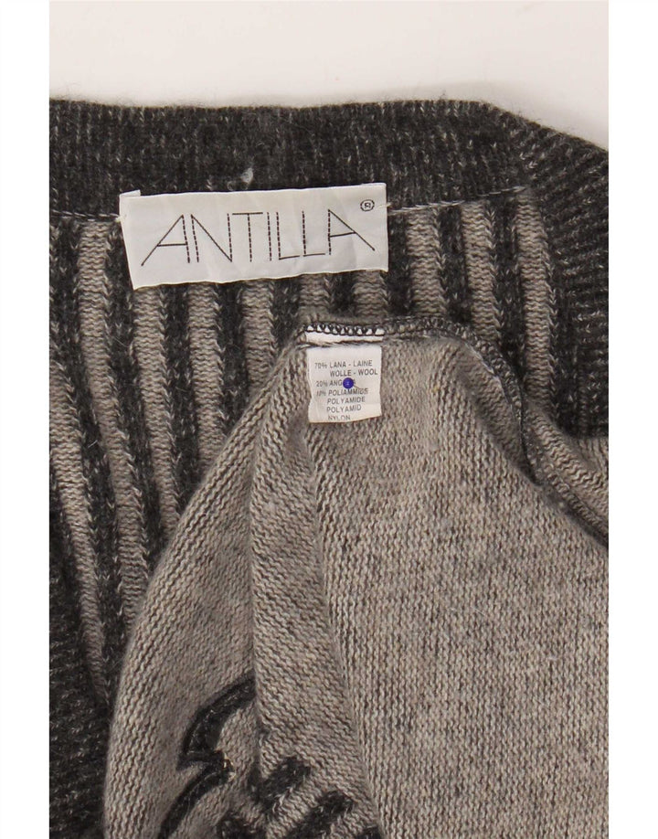 Vintage Damen Longline Cardigan Pullover UK 14 Mittelgrau gestreifte Wolle