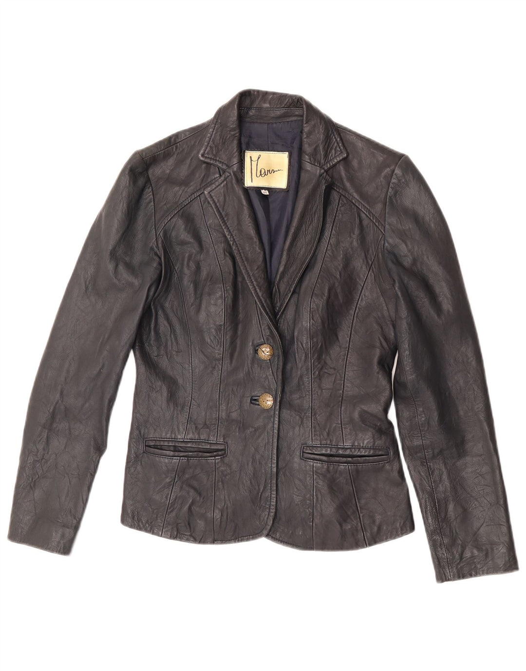 Vintage Damen 2-Knopf-Leder-Blazer-Jacke IT 44 Mittelschwarzes Leder