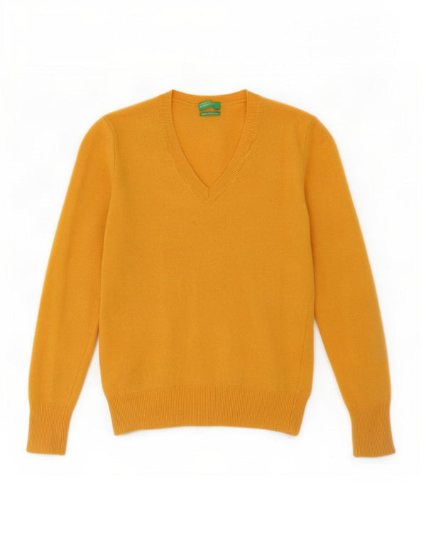 Benetton Mädchen-Pullover mit V-Ausschnitt, 9–10 Jahre, Größe S, gelbe Schurwolle
