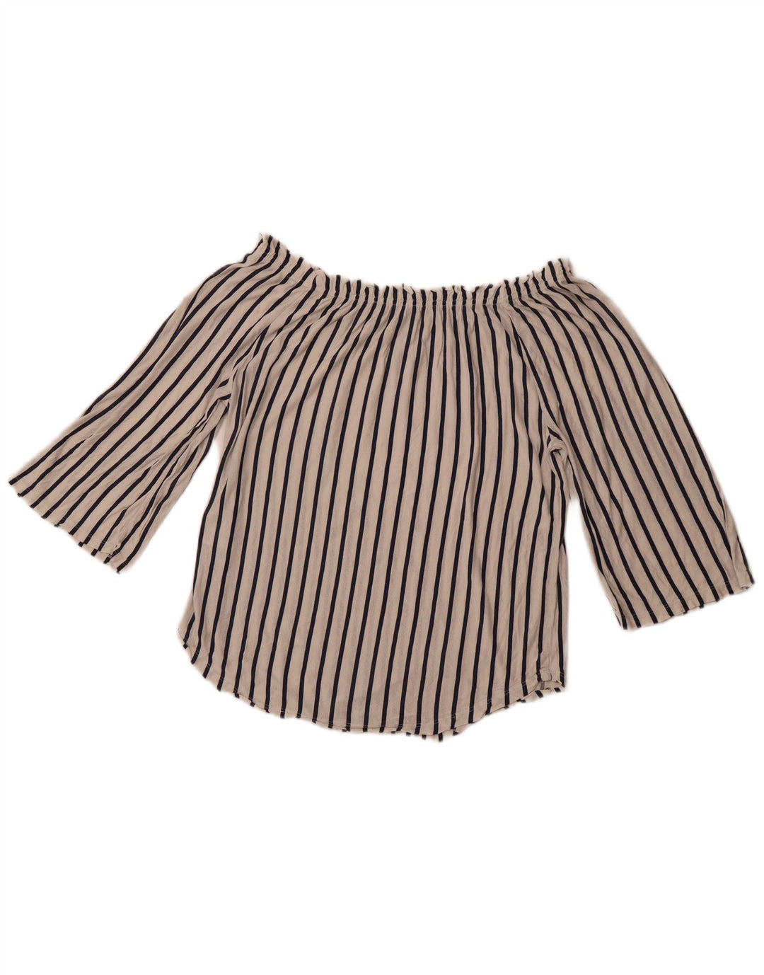 BENETTON Damen-Top mit 3/4-Ärmeln, schulterfrei, UK-Größe 44, mittelweiß gestreift