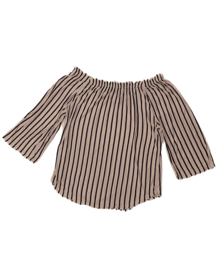 BENETTON Damen-Top mit 3/4-Ärmeln, schulterfrei, UK-Größe 44, mittelweiß gestreift