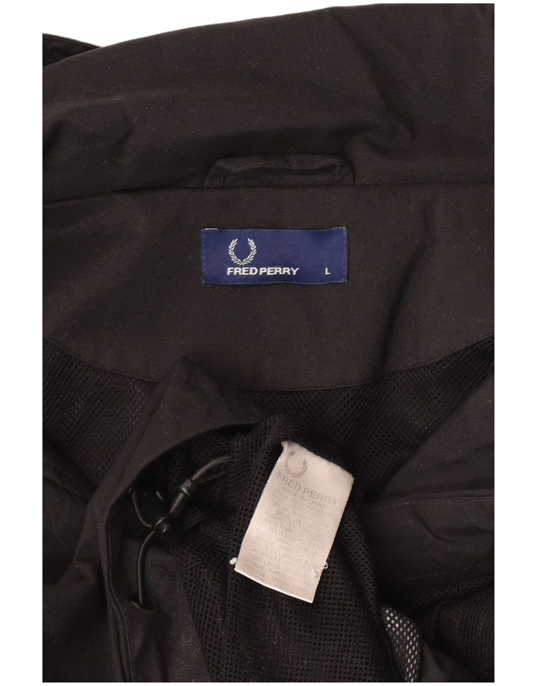 Fred Perry Damen-Regenjacke mit Kapuze, übergroß, UK 16, Größe L, schwarzes Nylon