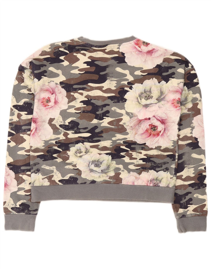 GUESS Damen Crop Graphic Sweatshirt Pullover UK 16 Large Graue Tarnung