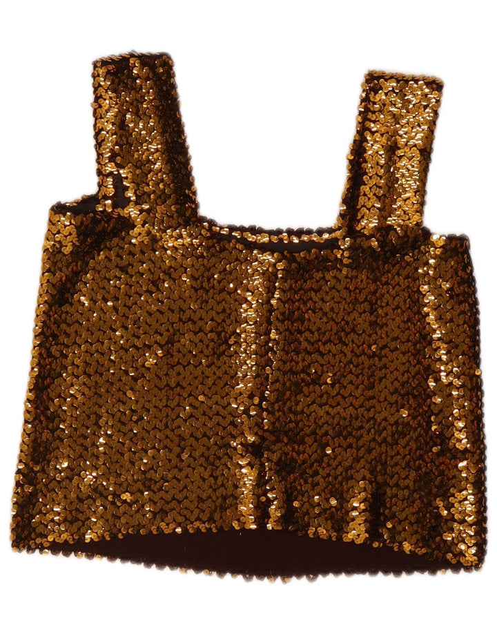 Vintage Damen Ärmelloses Pailletten-Crop-Top UK 12 Medium Gold