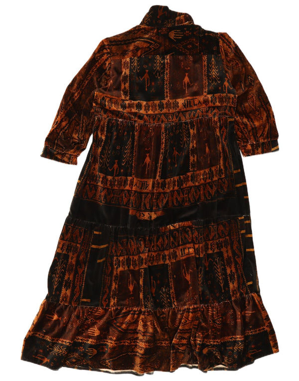Vintage Damen 3/4 Ärmel Stufenkleid UK 12 Mittelbraun Azteken