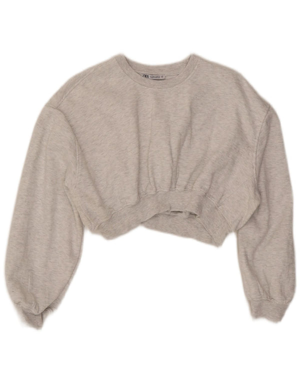 Zara Damen Crop Relaxed Fit Sweatshirt Pullover UK 10 Small Grau meliert