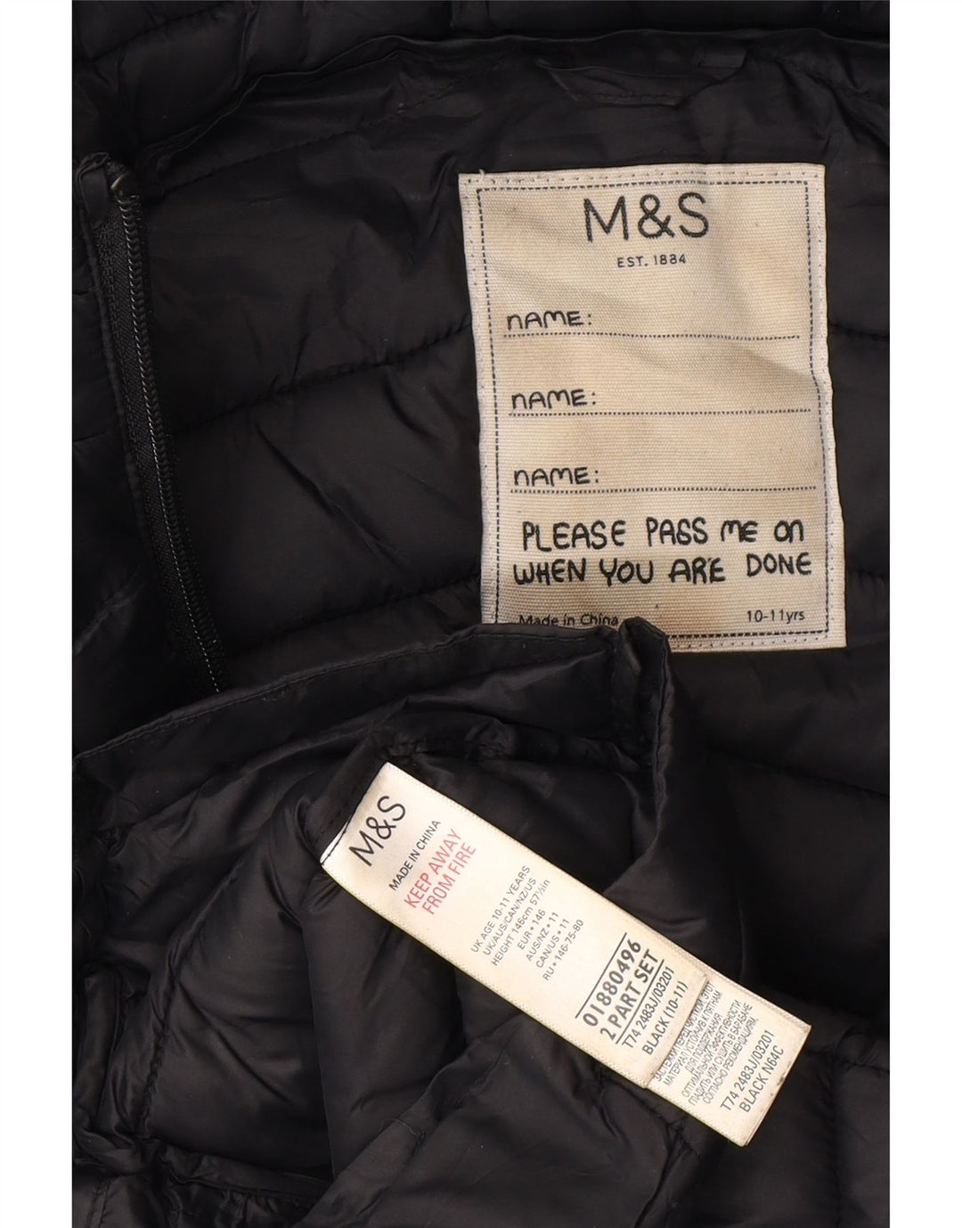 Marks & Spencer Wattierter Mantel für Mädchen mit Kapuze, 10–11 Jahre, schwarzes Polyamid