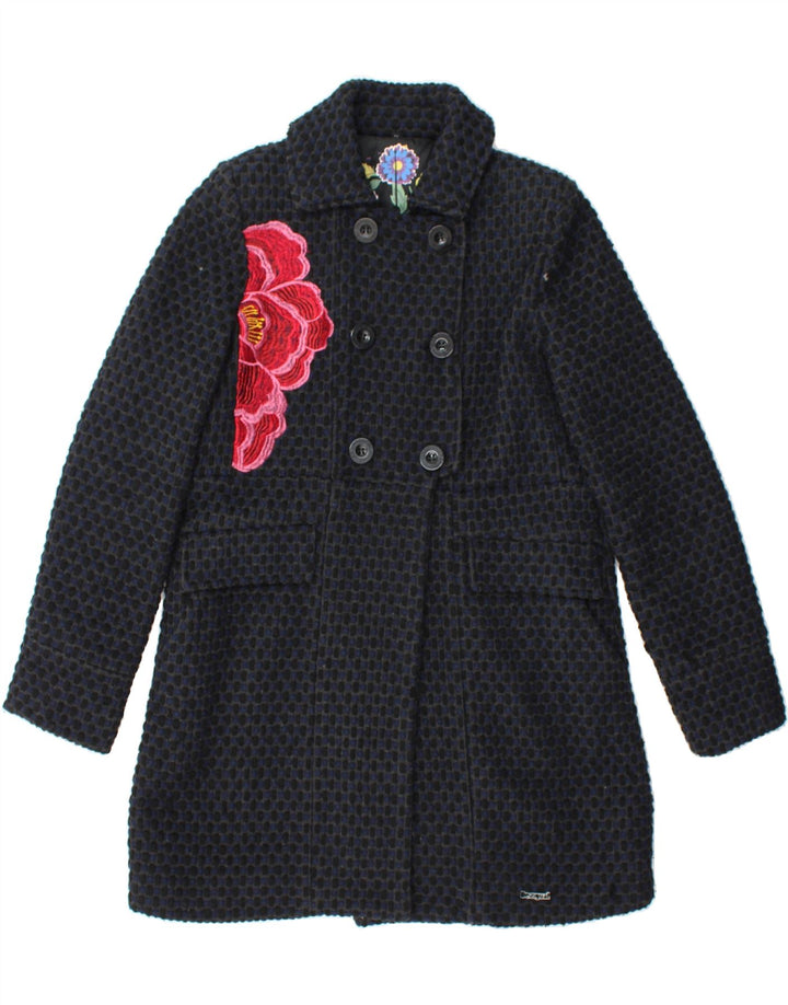 DESIGUAL Womens Overcoat EU 42 Large Navy Blue Floral Wool Vintage Desigual and Second-Hand Desigual from Messina Hembry 