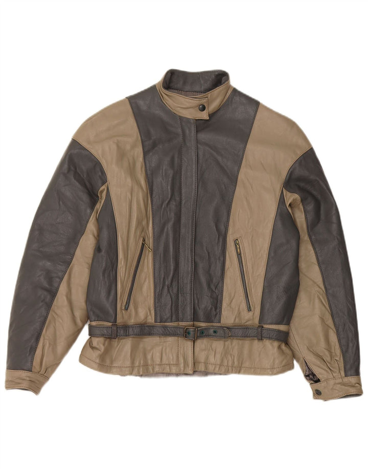 Vintage Damen Lederjacke UK 14 Mittelgraues Colourblock-Leder