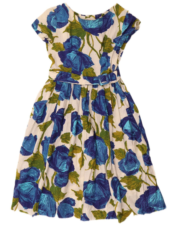 VINTAGE Damen A-Linien-Kleid mit kurzen Ärmeln, UK 12, Mittelblau mit Blumenmuster