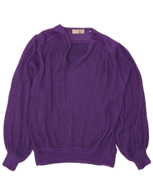 Vintage Damen Pullover mit V-Ausschnitt IT 46 Groß Lila Fleckig