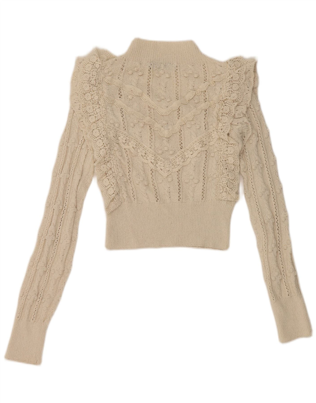 Zara Damen Rollkragenpullover mit Rüschen vorne, Gr. 10, gebrochenes Weiß