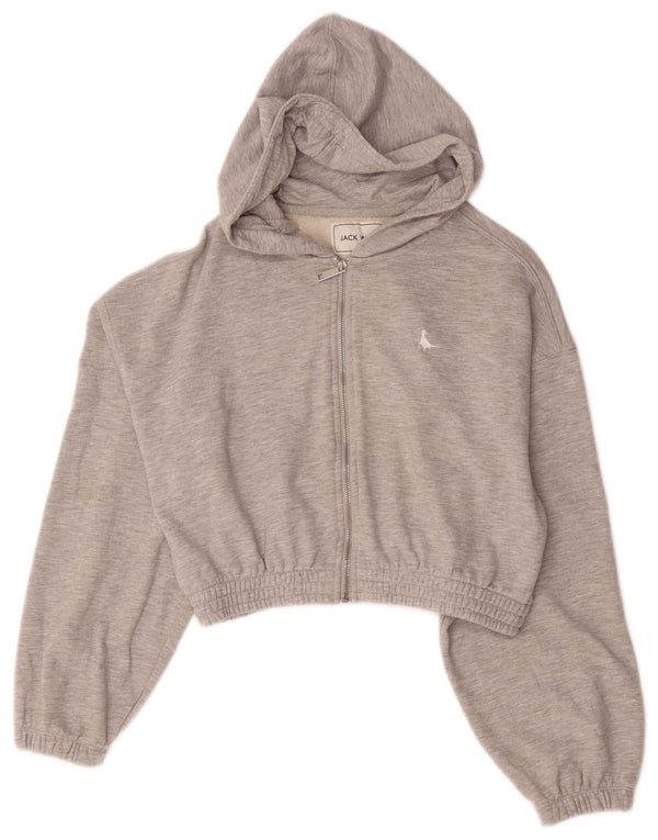 Jack Wills Damen Crop Zip Hoodie Pullover UK 12 Mittelgrau gefleckte Baumwolle