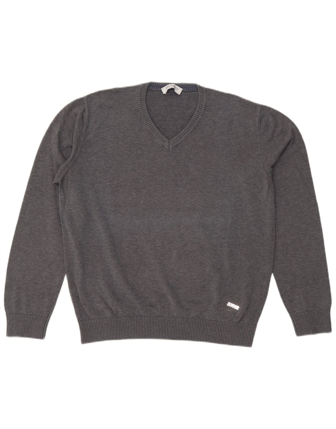 Trussardi Herren-Pullover mit V-Ausschnitt, groß, aus grauer Baumwolle