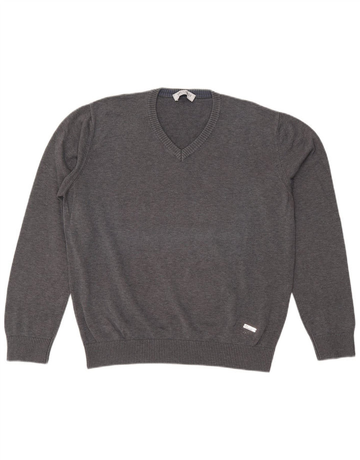 Trussardi Herren-Pullover mit V-Ausschnitt, groß, aus grauer Baumwolle