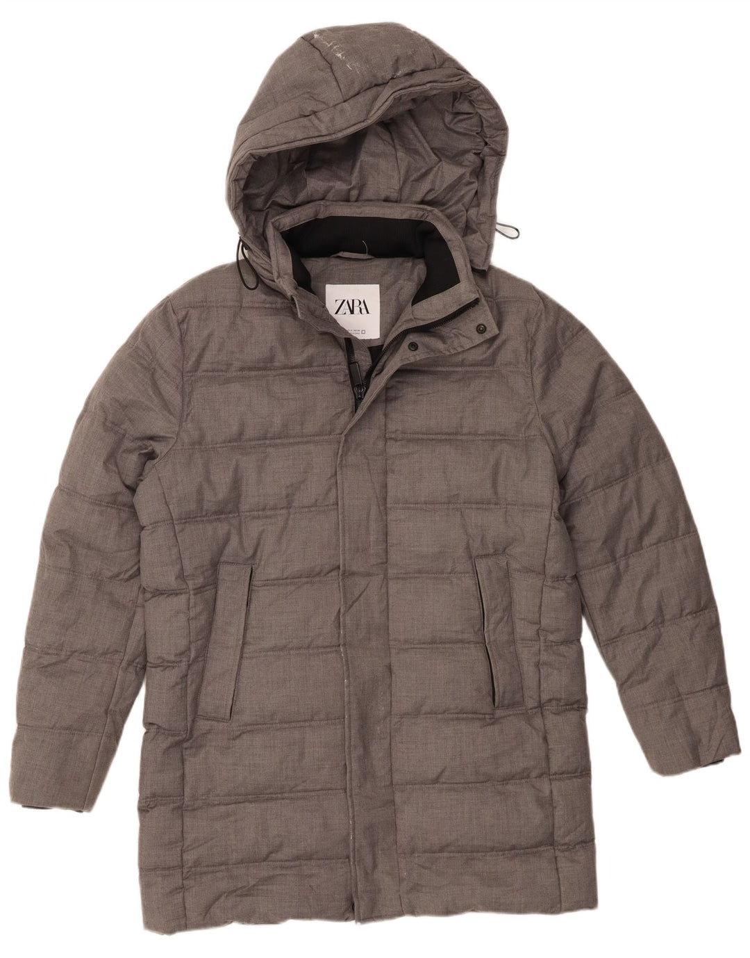 Zara Herren-Mantel mit Kapuze, gepolstert, Größe 36, Größe S, grau, Polyester