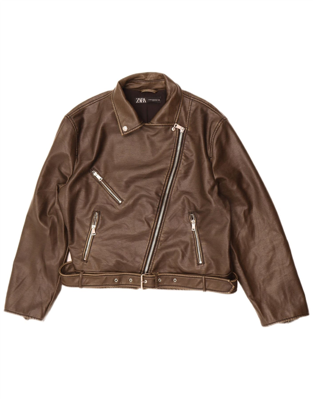 Zara Damen-Bikerjacke aus Kunstleder, UK 20 2XL, braunes Polyurethan