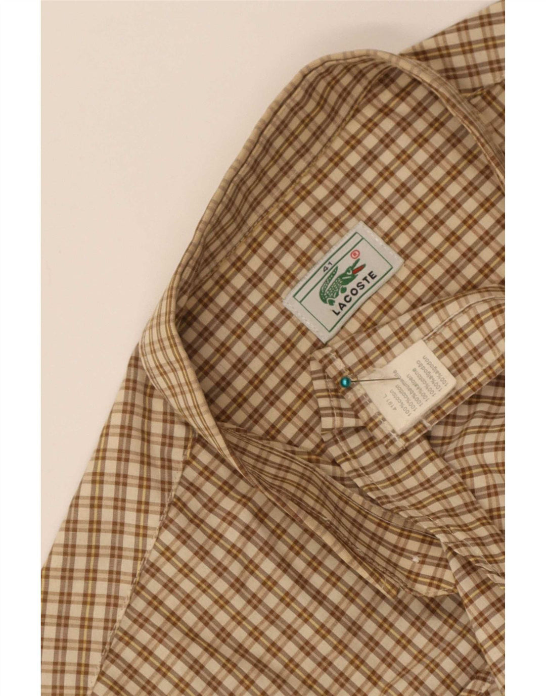 Lacoste Herren-Kurzarmhemd, Größe 41, große beige karierte Baumwolle