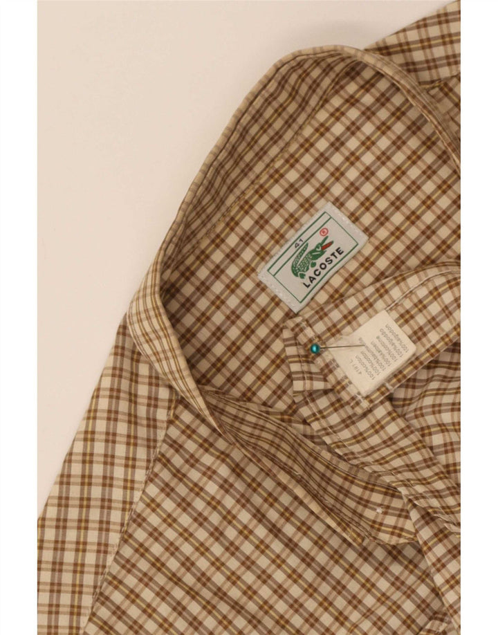Lacoste Herren-Kurzarmhemd, Größe 41, große beige karierte Baumwolle