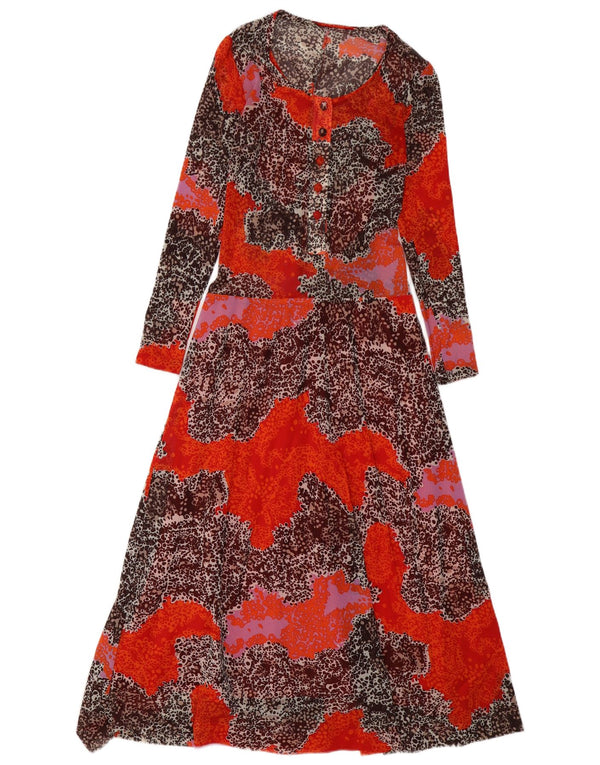 Vintage Damen Langarm Maxikleid UK 12 Medium Orange Animal Print