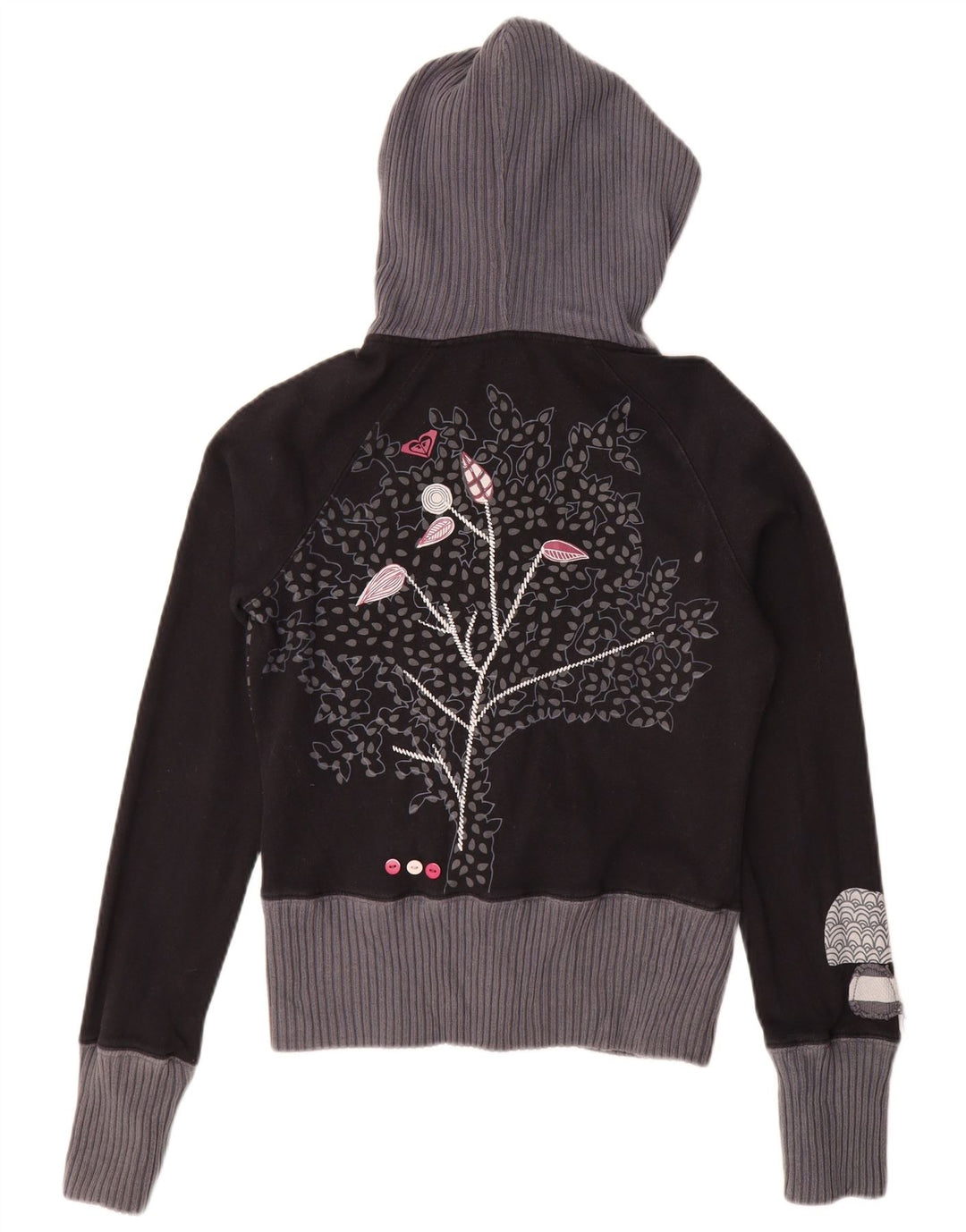 Roxy Womens Crop Graphic Zip Hoodie Pullover UK 12 Medium Black Floral