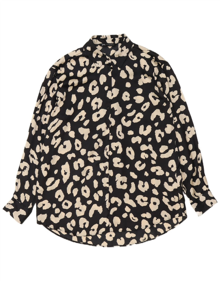 Zara Damen-Hemdbluse UK 14 Mittelschwarzes Polyester mit Animal-Print
