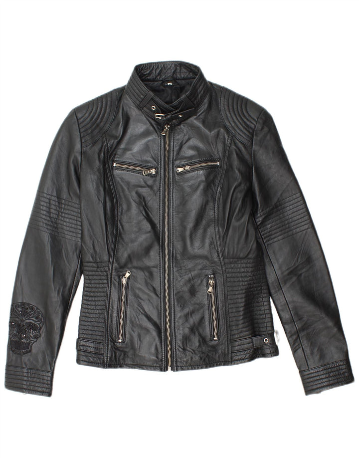 Vintage Damen-Bikerjacke aus grafischem Leder, EU 38, mittelschwarzes Leder