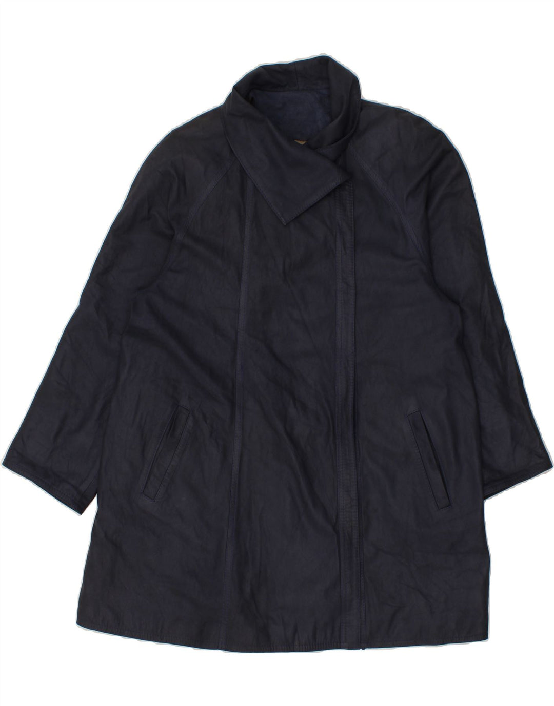 VINTAGE Womens Leather Coat UK 16 Large Navy Blue Vintage Vintage and Second-Hand Vintage from Messina Hembry 