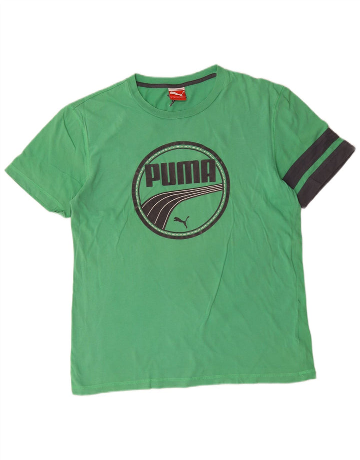 Puma Herren Grafik-T-Shirt-Oberteil aus mittelgrüner Colourblock-Baumwolle