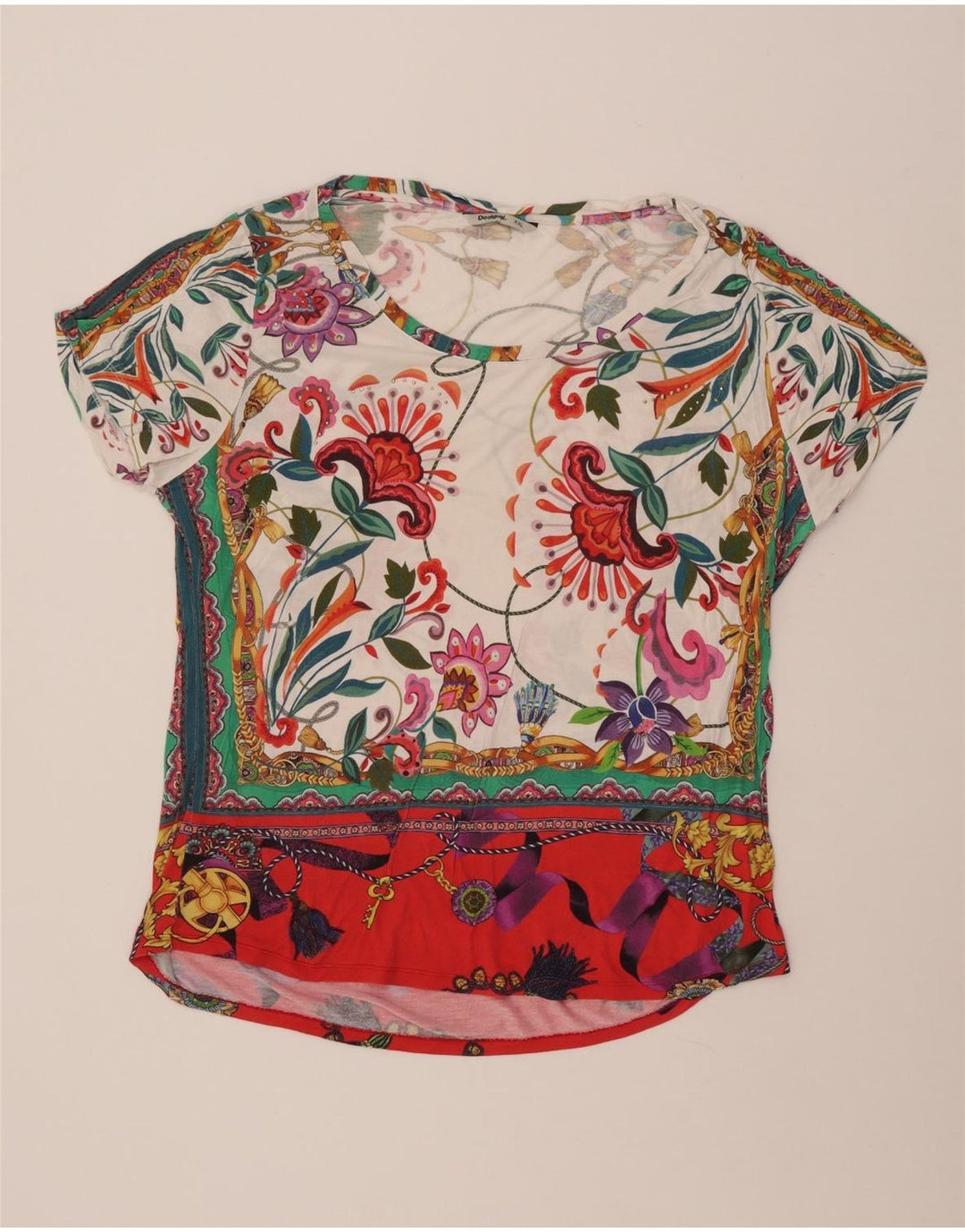 DESIGUAL Damen Grafik-T-Shirt-Oberteil UK 20 2XL Mehrfarbige Blumen-Viskose