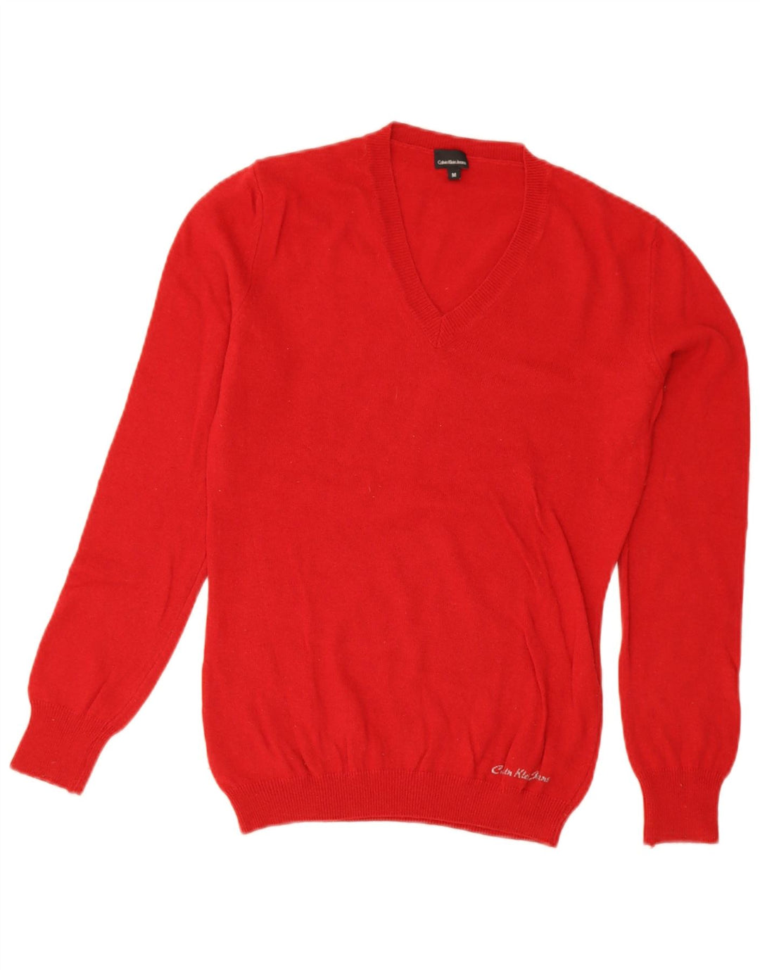 Calvin Klein Jeans Damen-Pullover mit V-Ausschnitt, UK 12, mittelrote Wolle