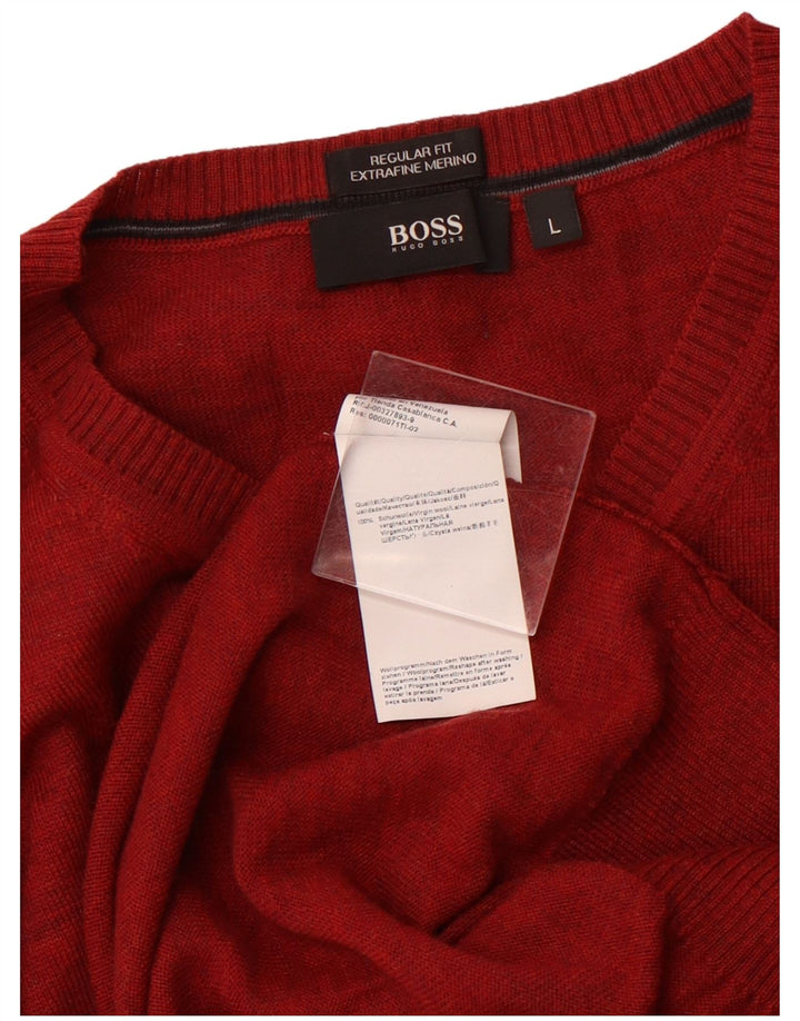 HUGO BOSS Herren-Pullover, reguläre Passform, V-Ausschnitt, groß, rote Schurwolle