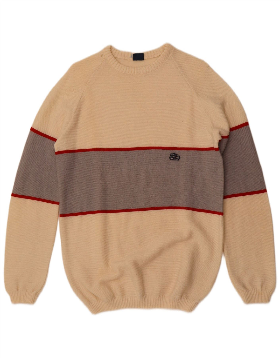 Vintage Herren-Pullover mit Rundhalsausschnitt, klein, cremefarbene Colourblock-Wolle