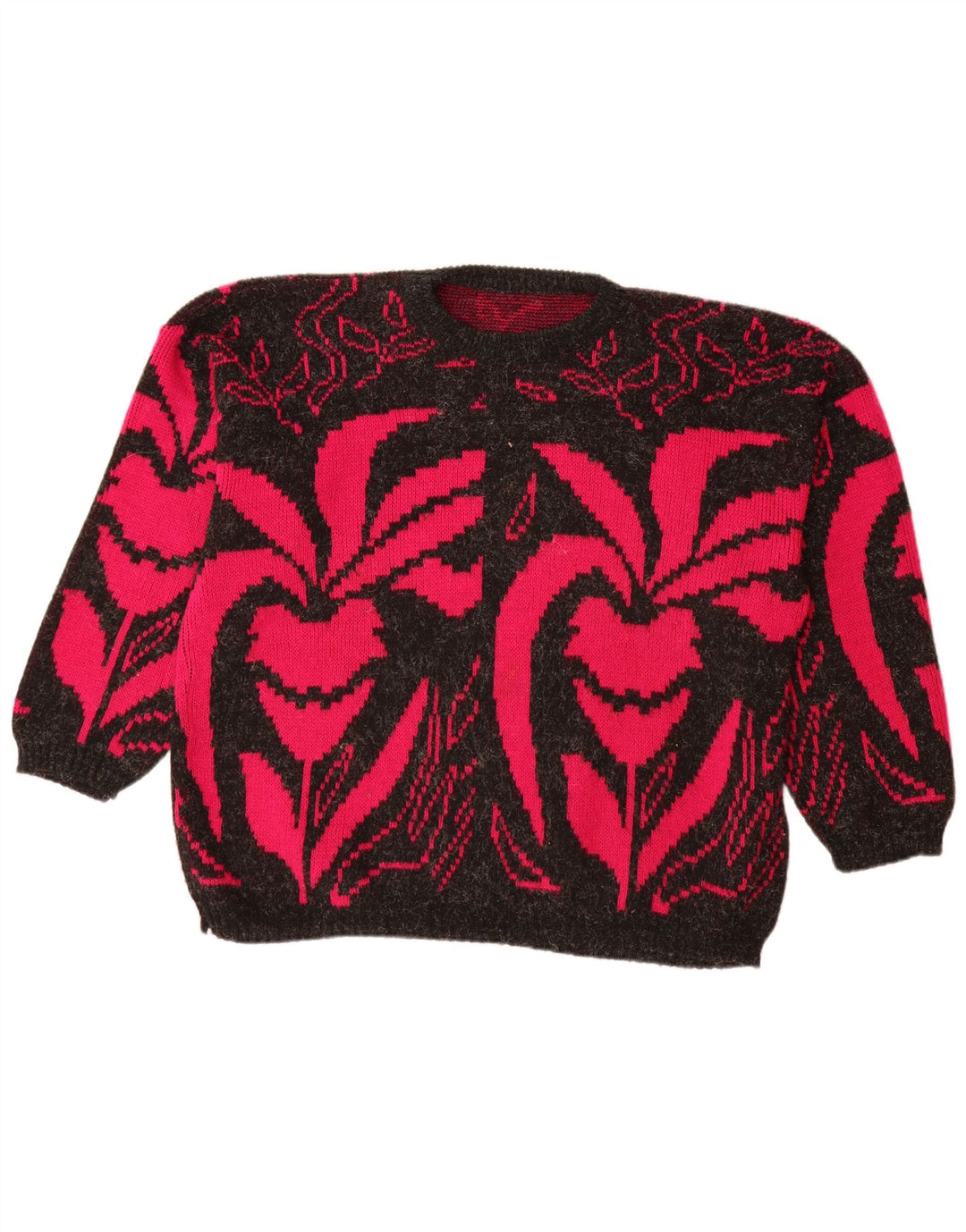 VINTAGE Damen-Pullover mit U-Boot-Ausschnitt, UK 20 2XL, schwarzes Blumenmuster, Acryl