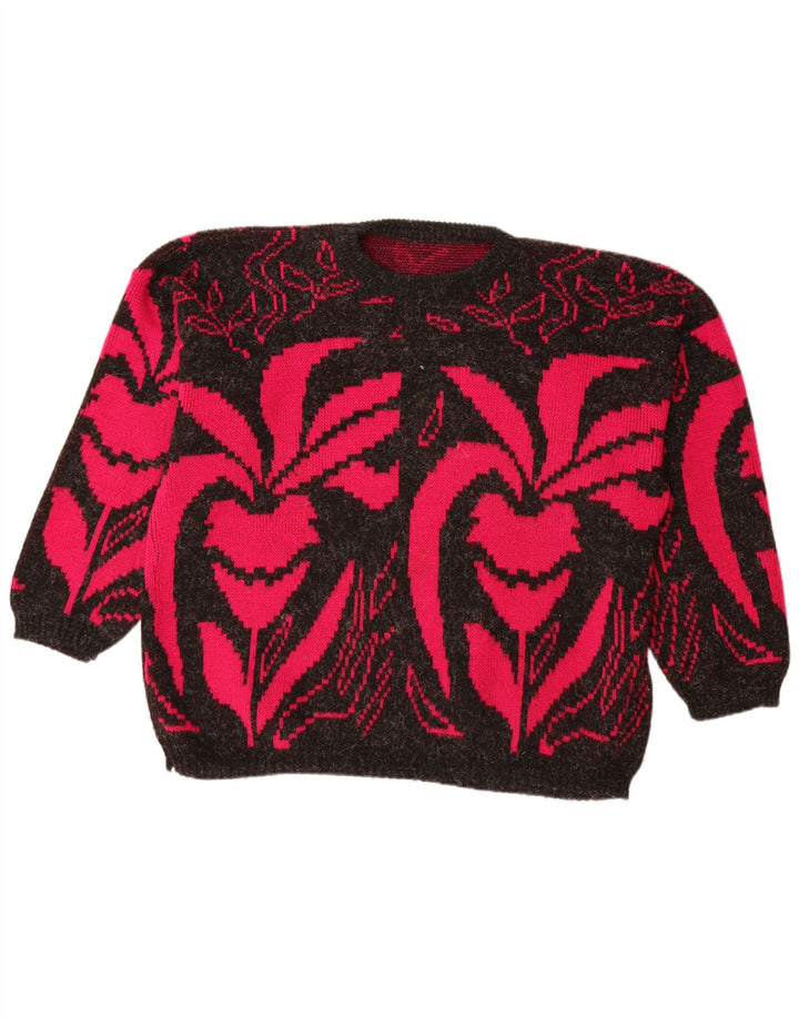 VINTAGE Damen-Pullover mit U-Boot-Ausschnitt, UK 20 2XL, schwarzes Blumenmuster, Acryl