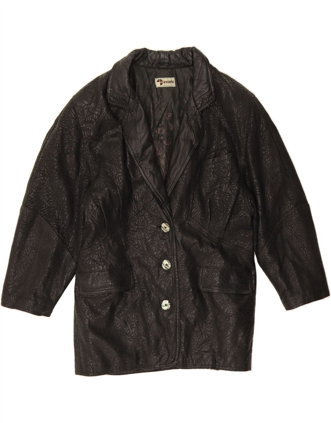 ESSEBI Womens Leather Jacket UK 12 Medium  Black Geometric Viscose Vintage Essebi and Second-Hand Essebi from Messina Hembry 