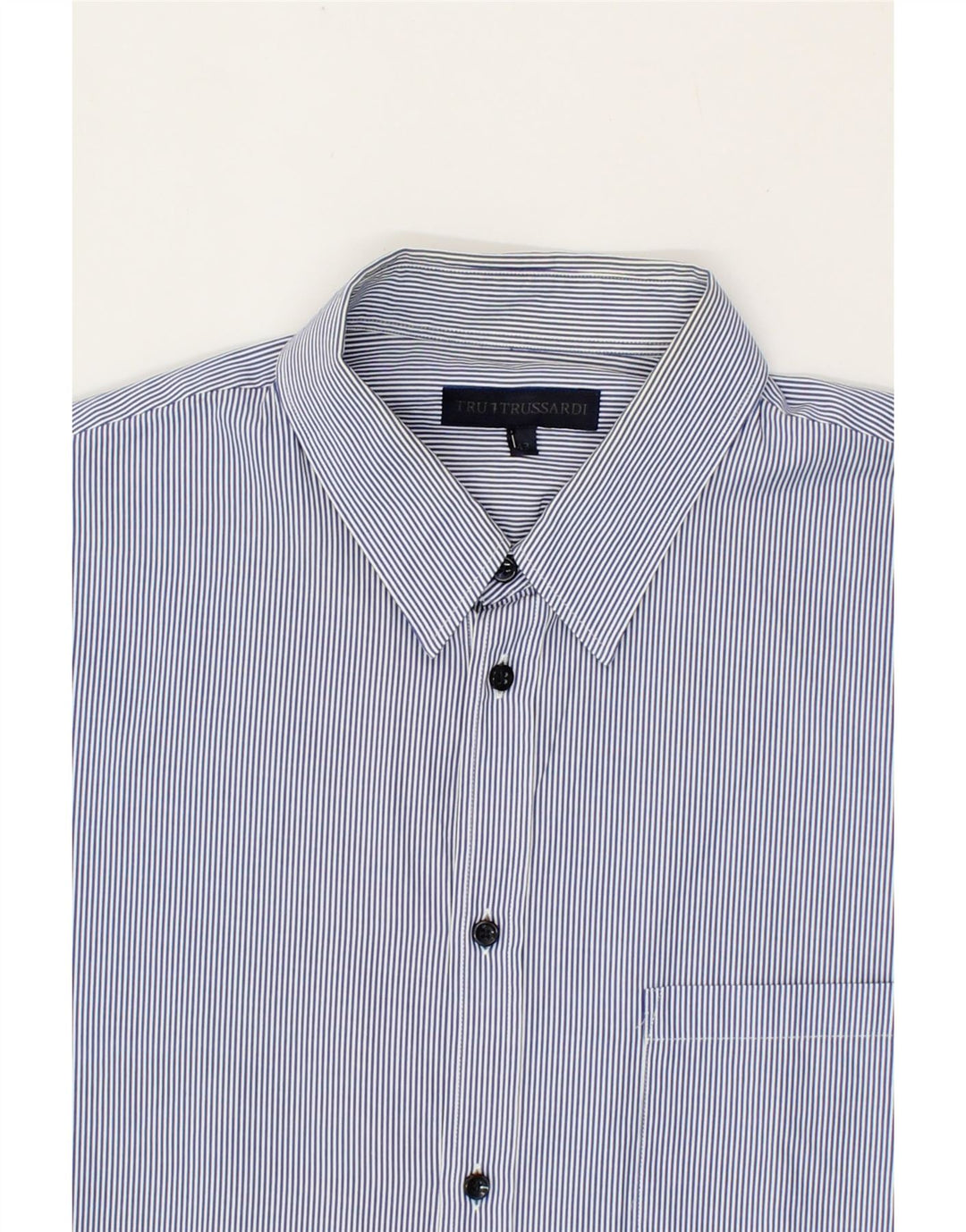 TRUSSARDI Mens Short Sleeve Shirt Size 43 Large Blue Pinstripe Vintage Trussardi and Second-Hand Trussardi from Messina Hembry 