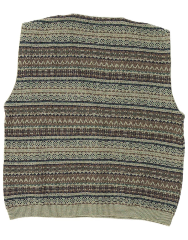 VINTAGE Mens Sleeveless Cardigan Sweater Large Green Fair Isle