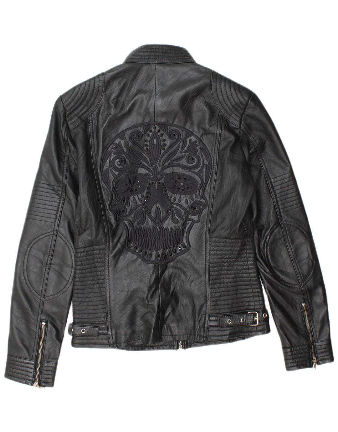 Vintage Damen-Bikerjacke aus grafischem Leder, EU 38, mittelschwarzes Leder