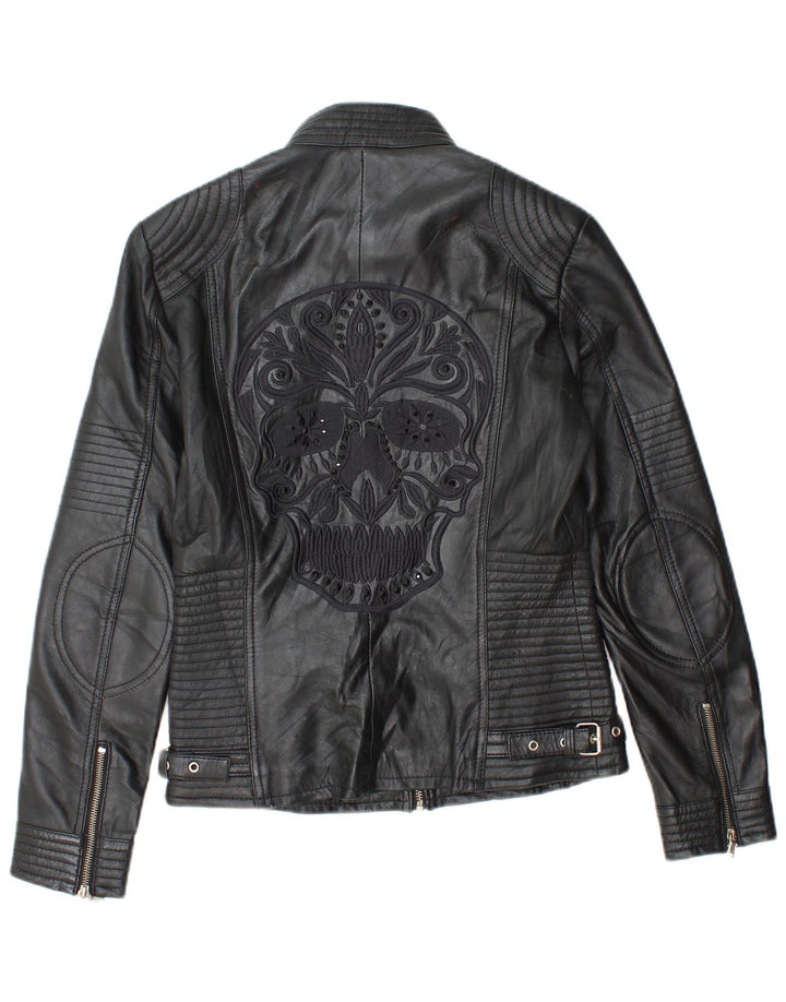 Vintage Damen-Bikerjacke aus grafischem Leder, EU 38, mittelschwarzes Leder