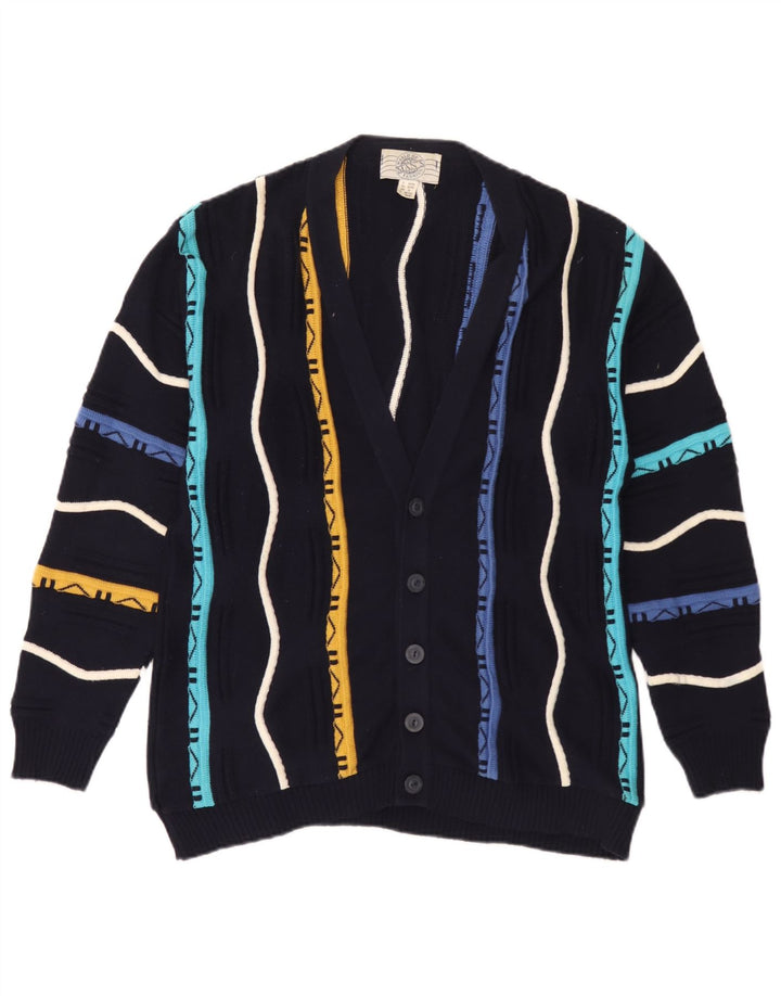 Vintage Herren Cardigan Pullover Medium Navy Blau Gestreifte Baumwolle