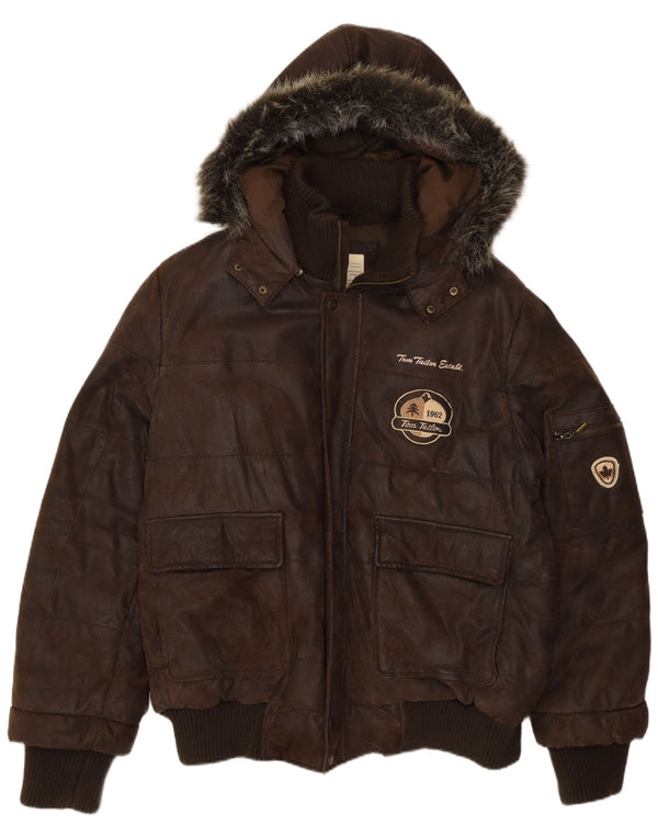 Tom Tailor Mens Graphic Leather Bomber Jacket UK 40 Large Brown Leather