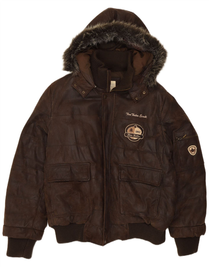 Tom Tailor Herren-Bomberjacke aus grafischem Leder, Gr. 40, großes braunes Leder