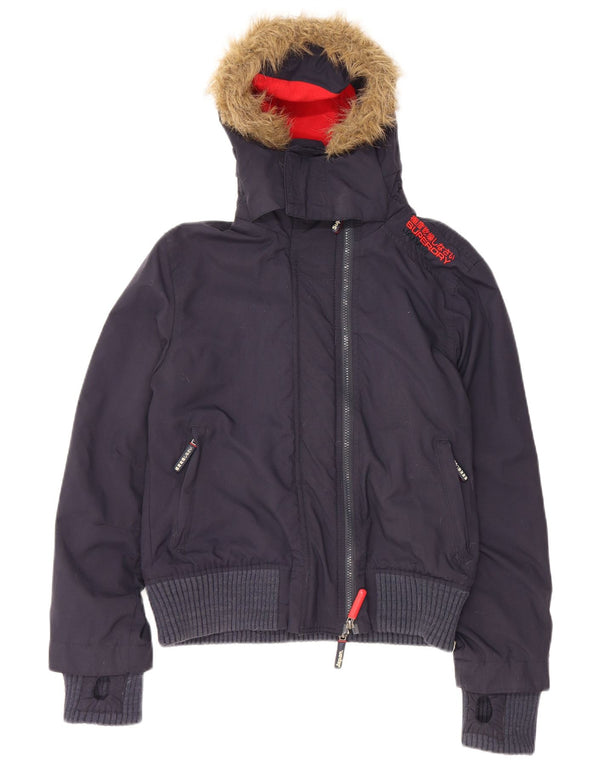 SUPERDRY Womens Hooded Bomber Padded Jacket UK 14 Medium Navy Blue Nylon