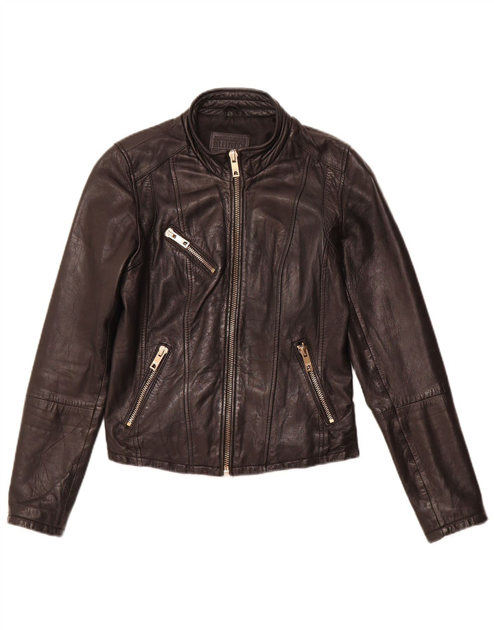 BERSHKA Damen Lederjacke UK 12 Mittelschwarzes Leder